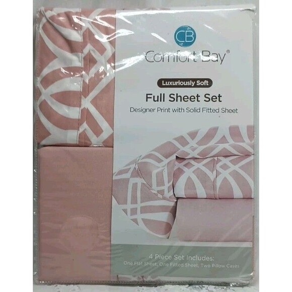 Comfort Bay Pink Full Sheet Set 4pc Designer Print Luxuriously Soft - Picture 1 of 9